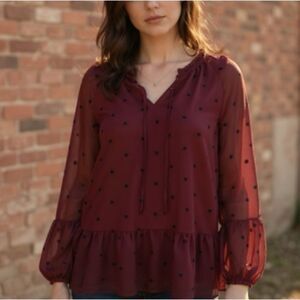 Old Navy Burgundy Long Sleeve Top with Navy Blue Polka Dots. Size Small